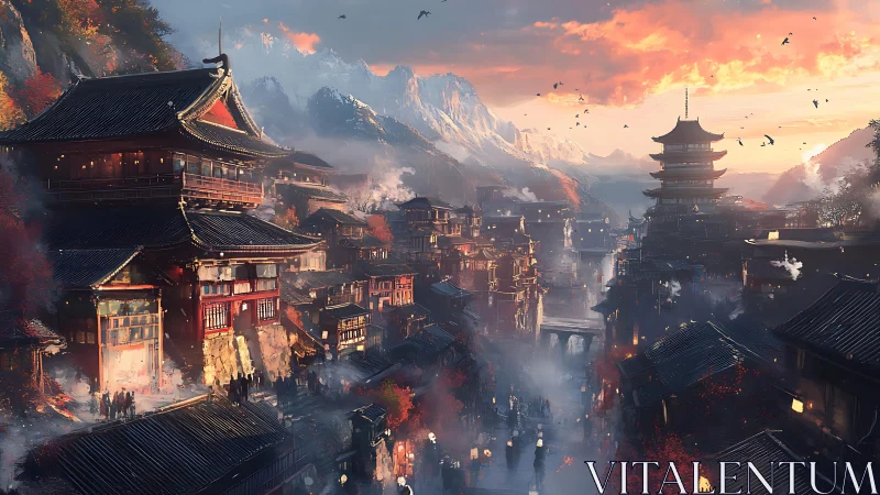 Sunset over misty mountain town with glowing pagodas.