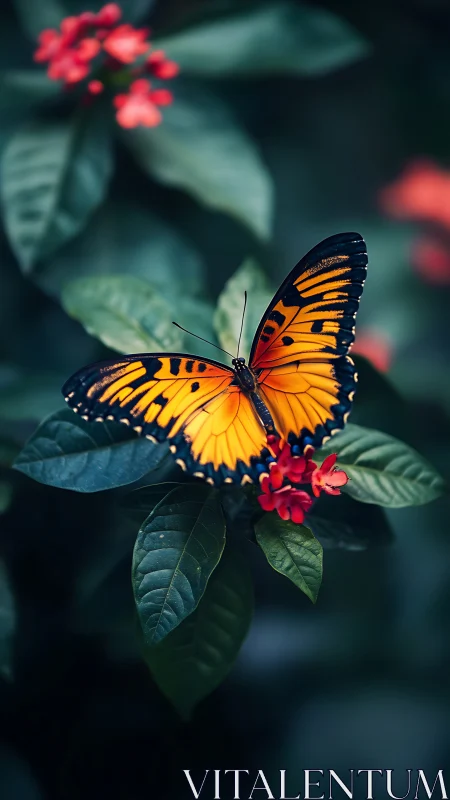 Golden butterfly resting softly among deep green leaves.