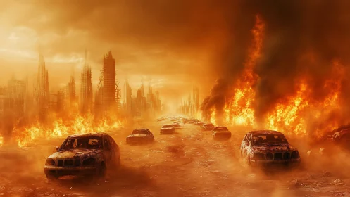 Burning highway into a ruined city under toxic orange skies.