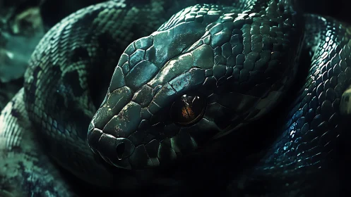Emerald scales in shadowed light, a quiet serpent gaze.