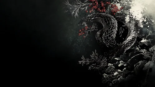 Monochrome phoenix illustration with splatter textures and red berries