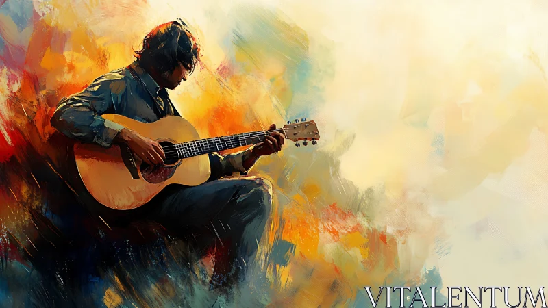 Acoustic guitarist in dynamic chromatic brushwork field.