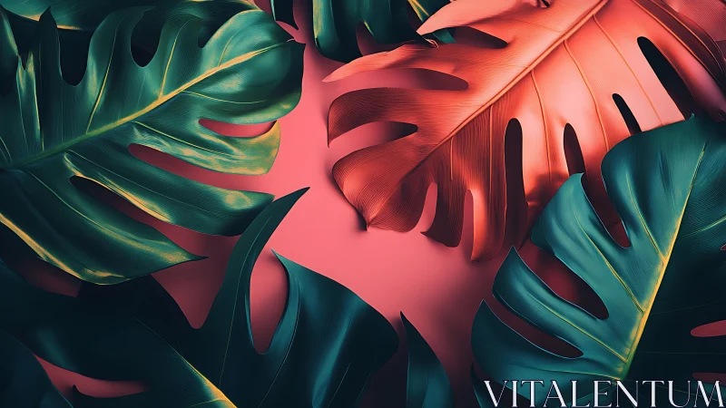 Digital painting of overlapping tropical monstera foliage.