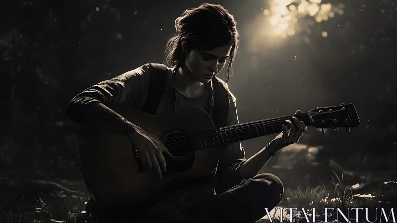 Backlit acoustic guitarist in moody forest, high-detail 3D render