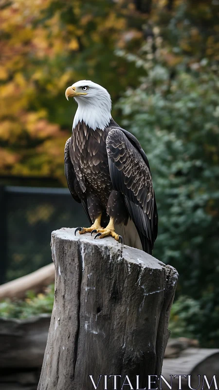 Bald eagle standing alert on weathered tree stump outdoors.