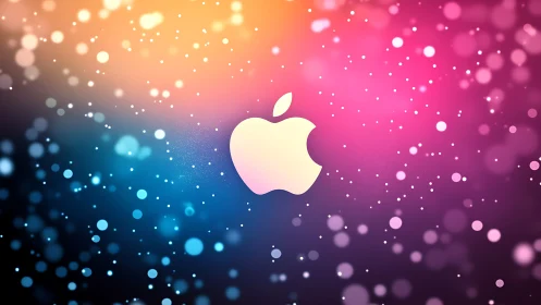 Iridescent logo silhouette in multicolor bokeh field.