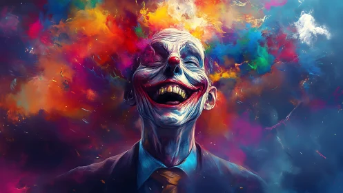 Clown-faced man laughs as vivid multicolored clouds erupt