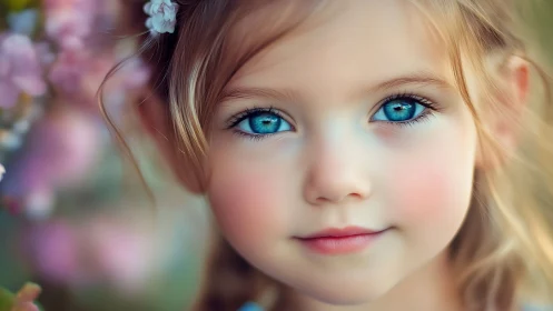 Young Girl with Striking Blue Eyes in Floral Garden.