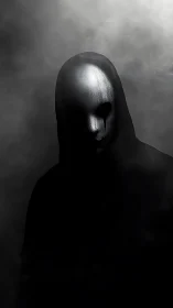 Hooded chrome phantom emerging from a storm of smoke.