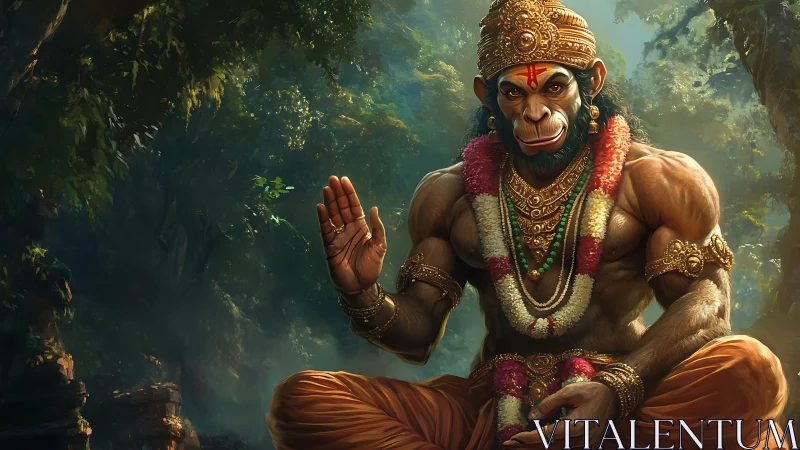 Muscular monkey deity in orange robes raises right hand in blessing