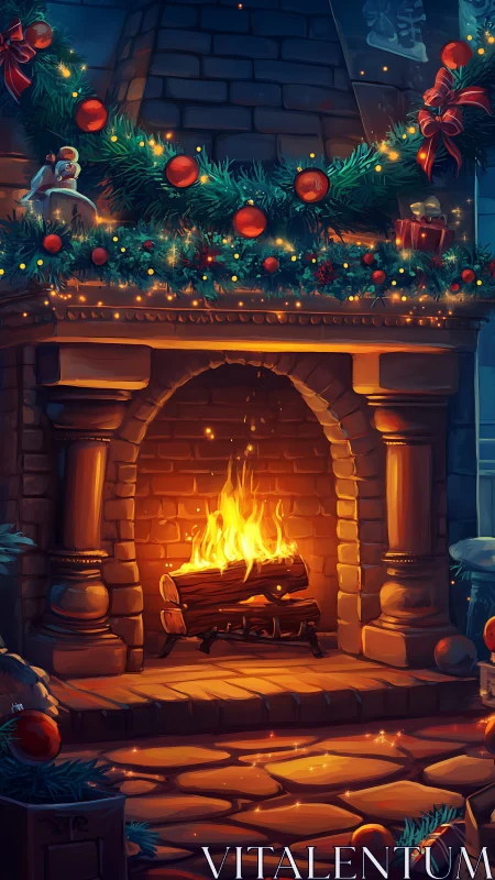 Holiday fireplace with garland and glowing firelit hearth.