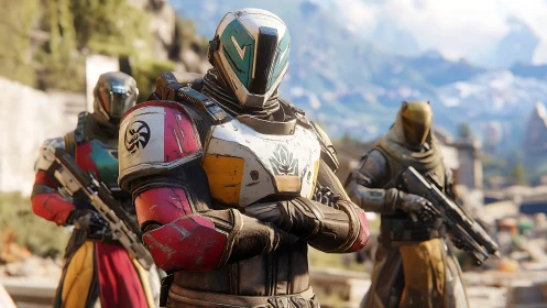 Armored sci‑fi guardians stand ready on a sunlit battlefield.