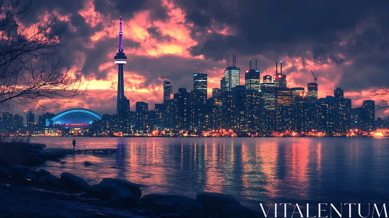 Toronto skyline glows under vivid sunset storm clouds