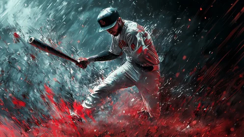 Electric baseball swing frozen in a blaze of color and grit.