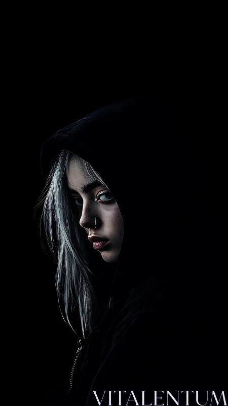 Hooded young woman in dramatic low key side portrait