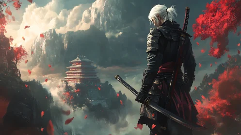 Lone samurai surveys misty mountain temple under crimson leaves