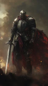 Armored dark knight with greatsword in burning fog.