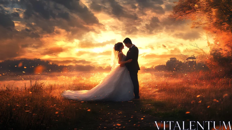 Bride and groom embrace beside river under fiery sunset sky