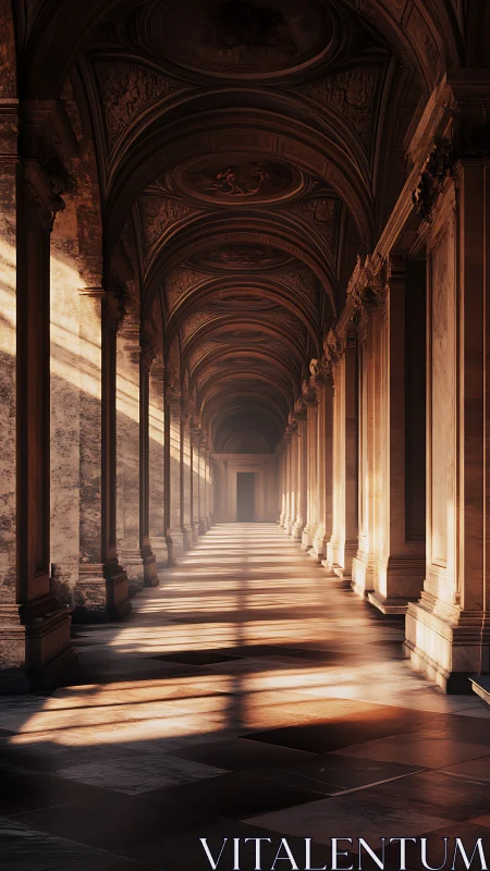 Golden light drifting through a quiet classical arcade.