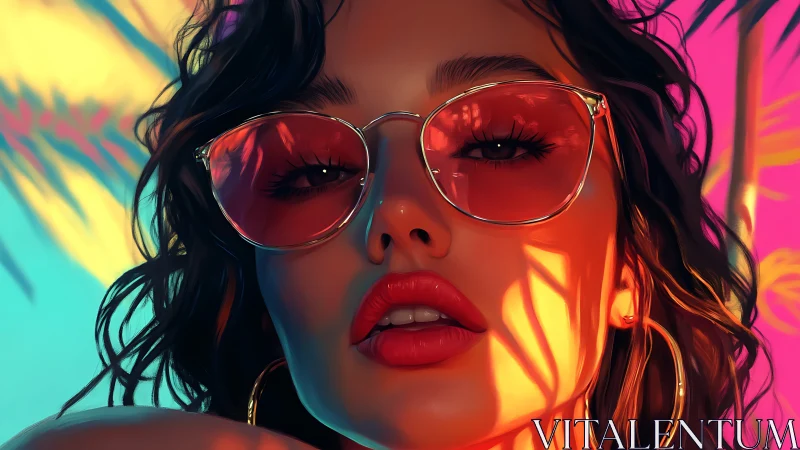 Neon-lit close-up portrait with reflective pink aviator glasses