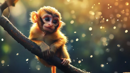 Baby monkey perched on branch under golden forest light.