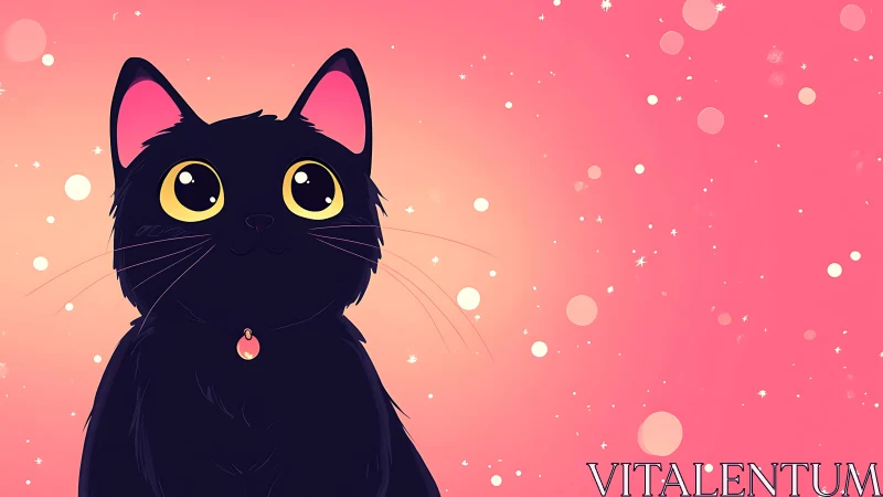 Black cat with yellow eyes against gradient pink background
