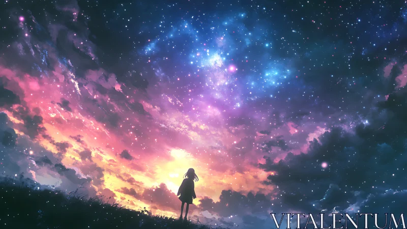 Silhouette girl stands beneath vivid multicolored night sky