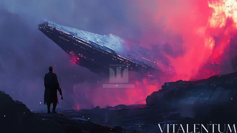 Solitary observer studies descending starship over magma clouds