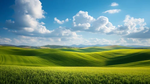 Rolling green wheat hills under stratocumulus cloud field in daylight
