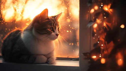 Tabby Guardian Gazes Through Golden Inferno Glow