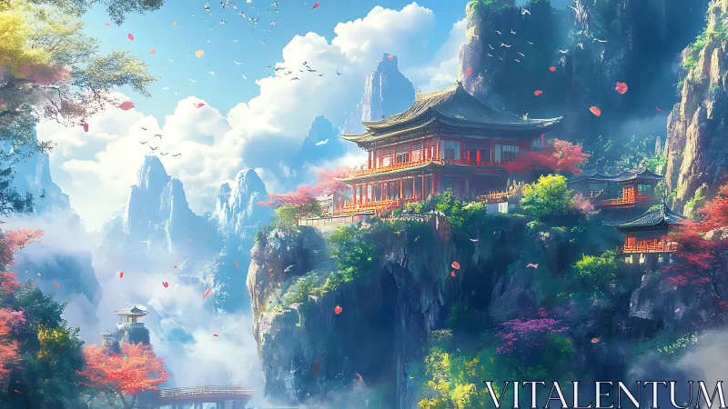 Mountain temple complex crowns misty cliffs in spring bloom.