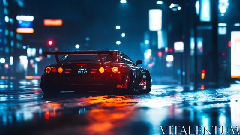 Street racer taillights glow through neon rain at midnight