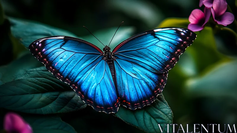Morpho butterfly macro with iridescent wing structural detail.