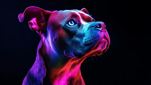 Neon-lit canine portrait in vivid magenta and cyan glow.