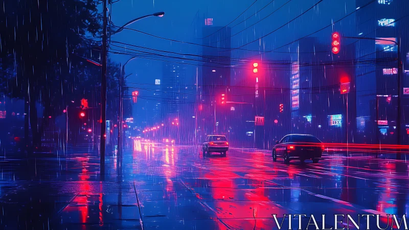 Neon-lit rainy city street with cars in motion at night.