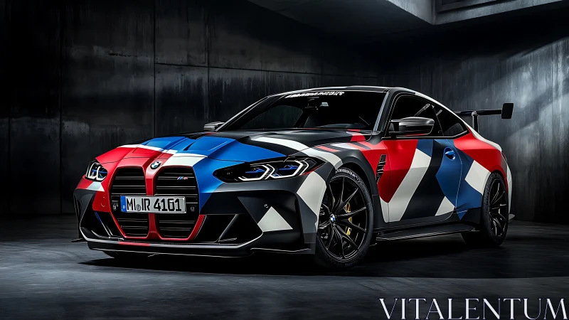 Bold BMW sports car wrapped in vibrant racing colors.