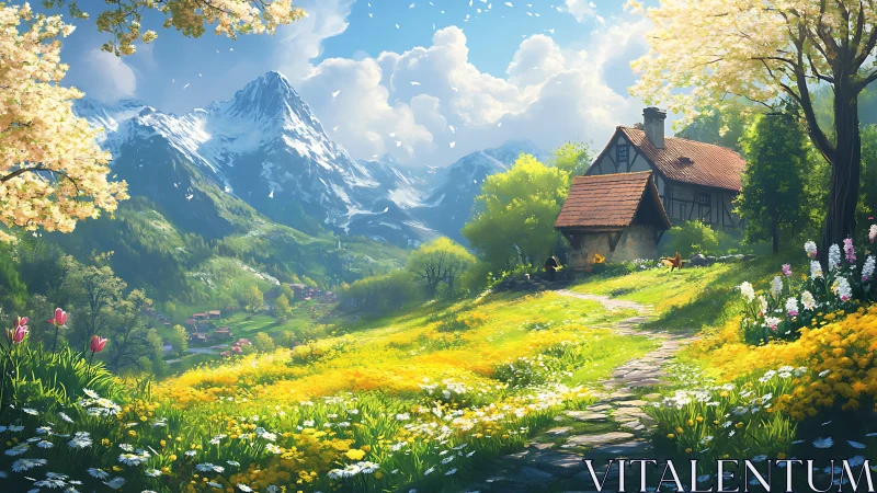 Sunlit mountain cottage welcomes spring across wild meadows