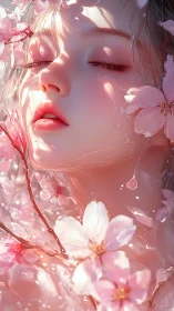 Dreamlike female portrait immersed in soft cherry blossoms.