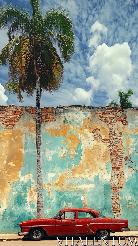 Weathered stucco wall frames vintage red sedan and tall palm