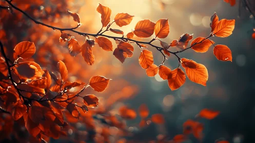 Autumn Leaves on Tree Branch in Soft Sunlight, Nature Photography.