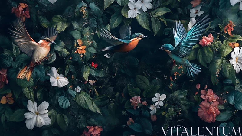 Colorful birds hover among dense flowers and leaves