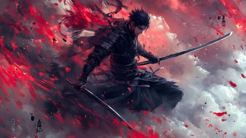 Samurai warrior lunges forward through swirling red smoke