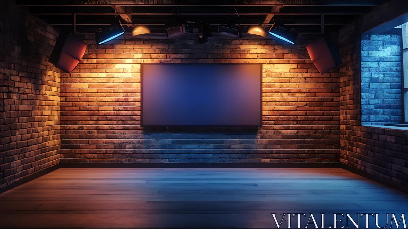 Modern brick studio with LED screen and dramatic lighting.