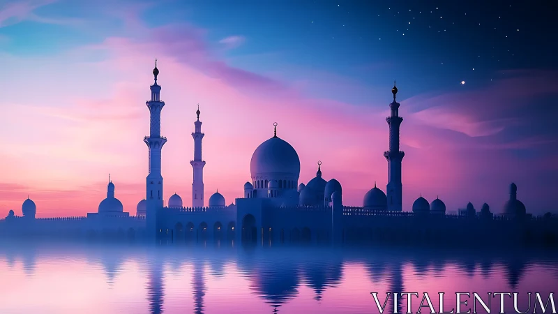 Mosque silhouette reflects in calm water under twilight sky