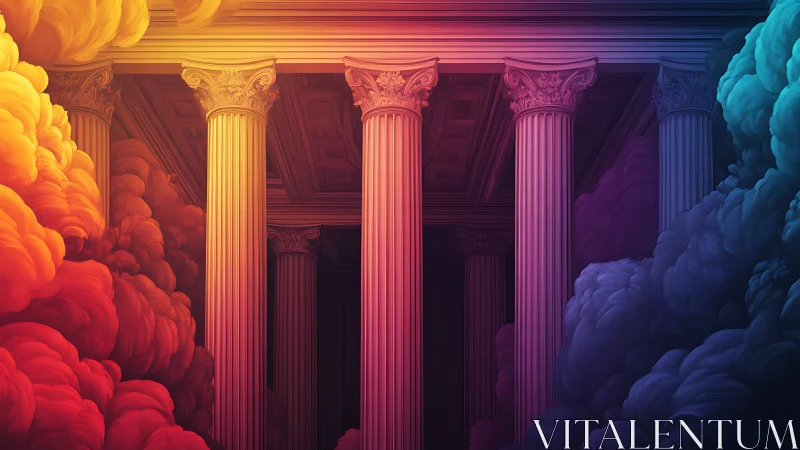 Neoclassical columns framed by vivid colored smoke clouds.