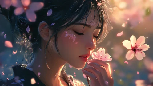 Softly illuminated girl amid drifting cherry blossoms.