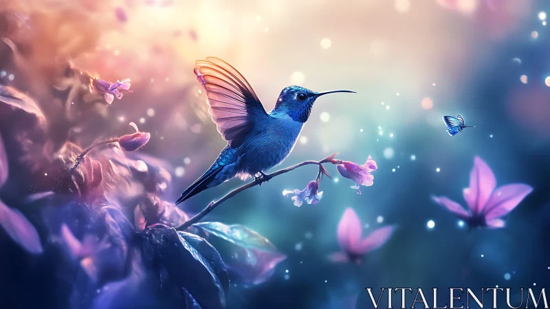 Vibrant hummingbird on branch in dreamy, magical fantasy style.