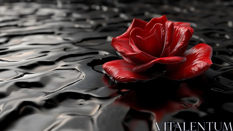 Glossy red rose rendered on high-reflectance black liquid surface