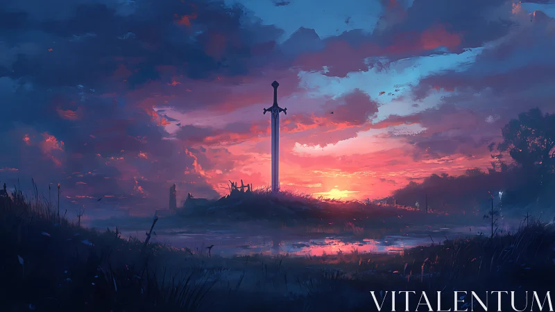 Sunset sword monument over misty battlefield marshland.