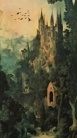 Gothic cliffside castle rises over misted primeval forest.